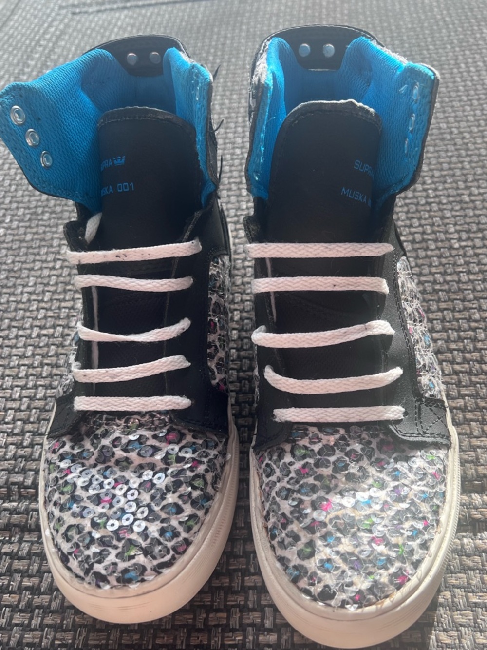 Supra Muska 001 Multicolor Sequin High-Top Sneakers in Black, Pink, Blue US 5